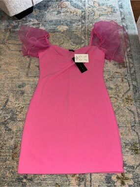 Bright Pink Mini thirty thirty Dress with Sheer Puff Sleeves NWT